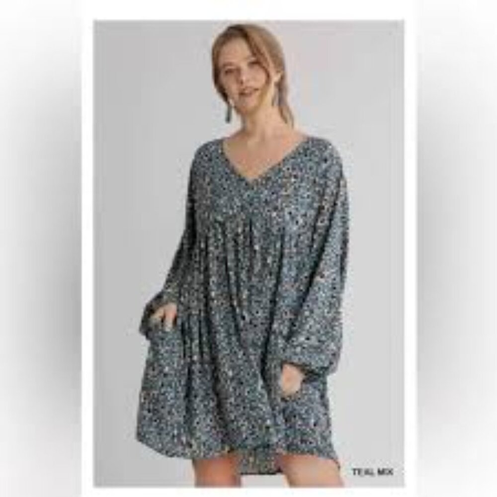 Umgee Teal Mix Long Sleeve Babydoll Boho Dress, Size Large